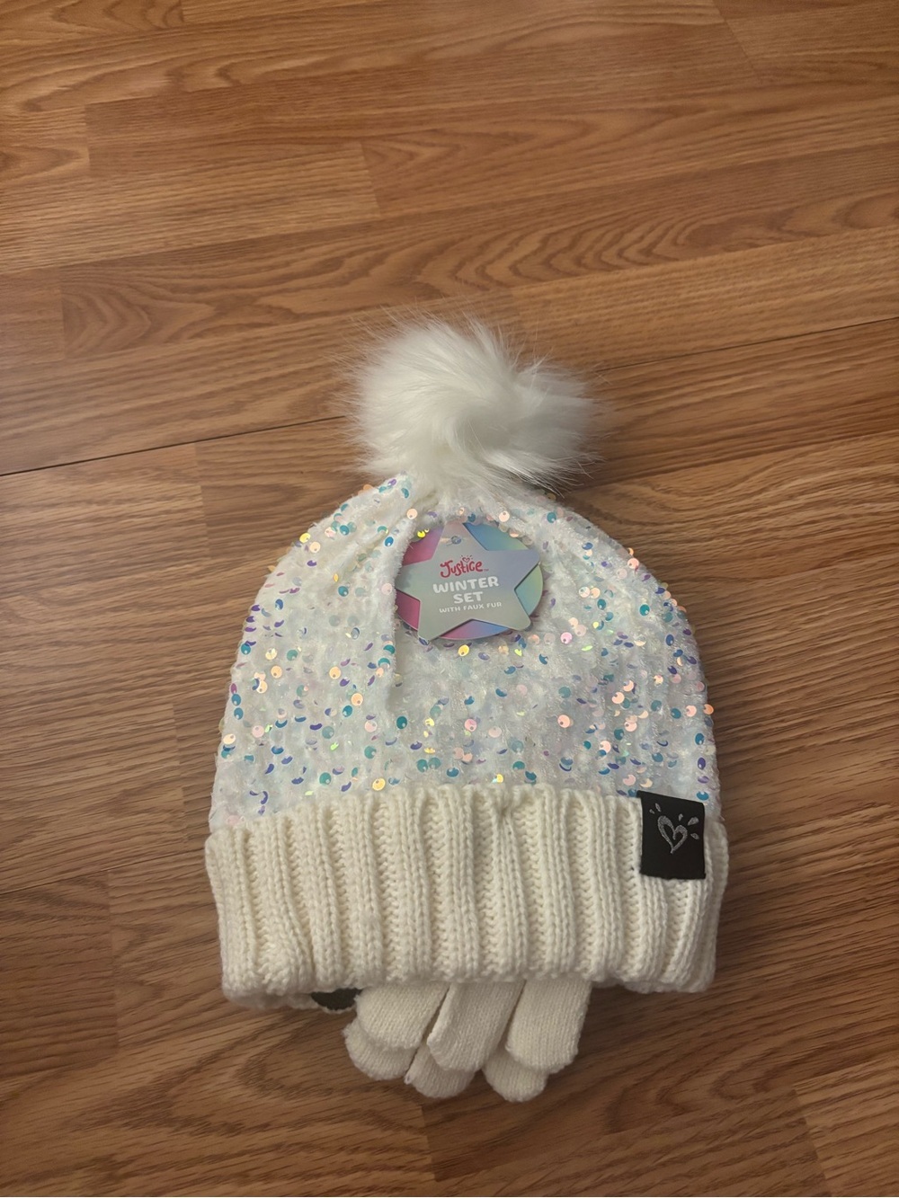 Justice White Sequin Pom-Pom Knit Hat with Matching Gloves